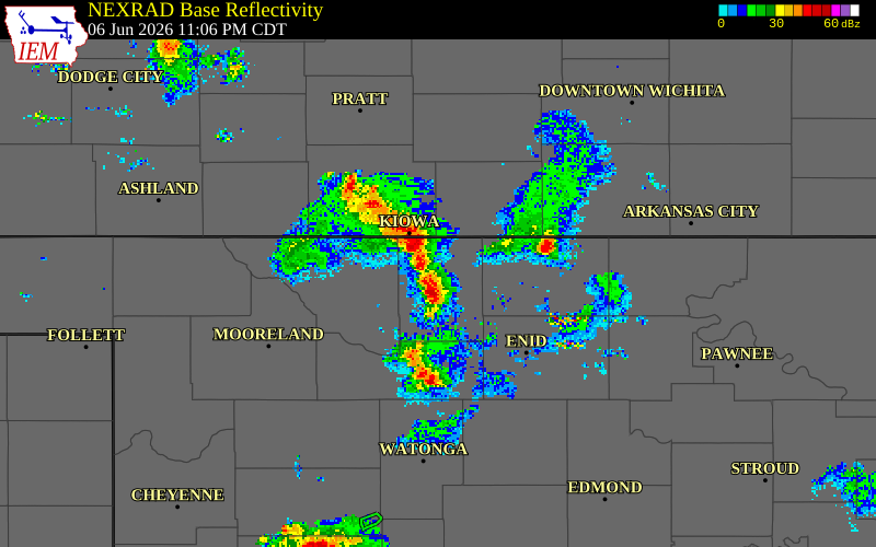 NEXRAD radar during the Saturday, June 6, 2026 storm activity in Alfalfa County, Oklahoma