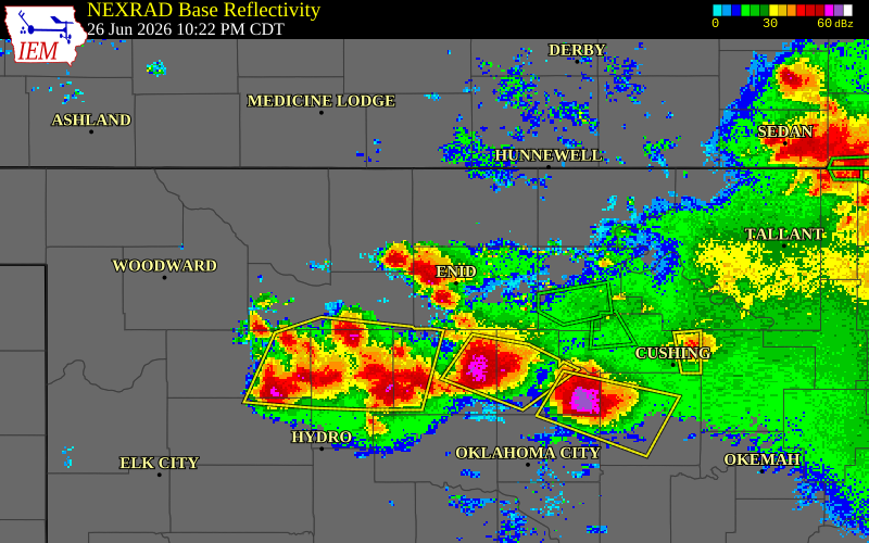 NEXRAD radar during the Friday, June 26, 2026 storm activity in Alfalfa County, Oklahoma
