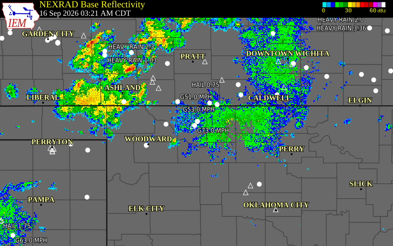 Current NEXRAD radar over Alfalfa County, Oklahoma with recent storm report locations