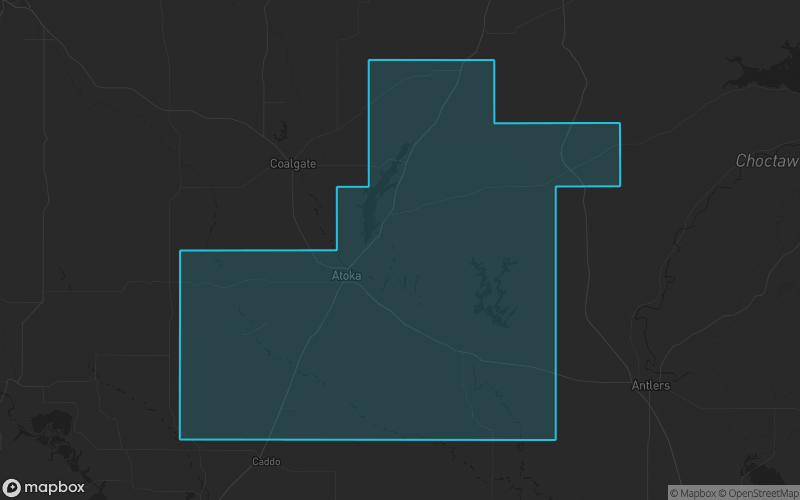 Map of Atoka County, Oklahoma showing the county boundary and surrounding cities