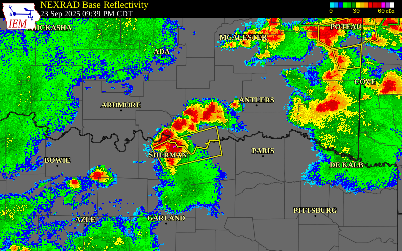 NEXRAD radar during the Tuesday, September 23, 2025 storm activity in Atoka County, Oklahoma