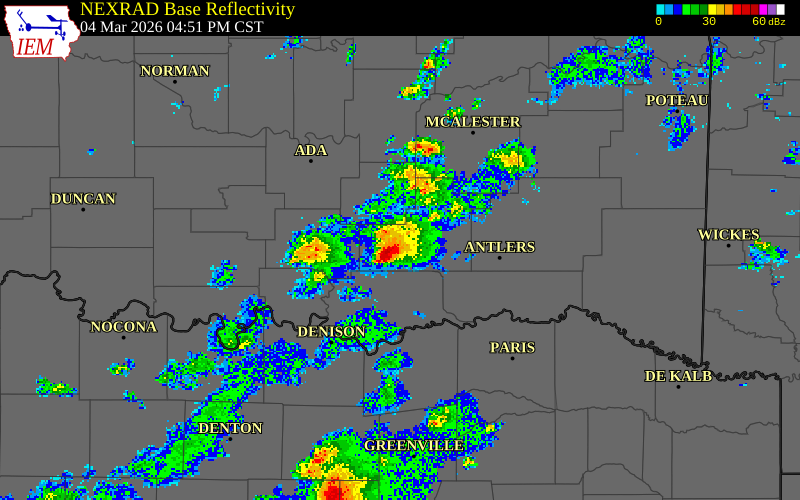 NEXRAD radar during the Wednesday, March 4, 2026 storm activity in Atoka County, Oklahoma