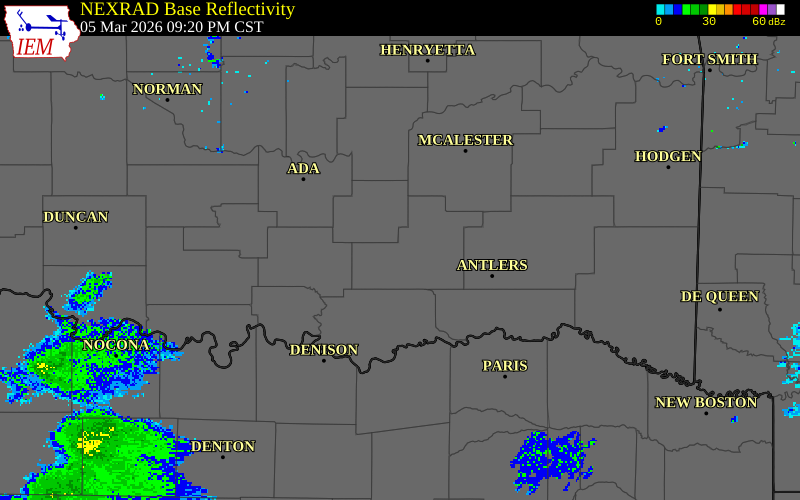 NEXRAD radar during the Thursday, March 5, 2026 storm activity in Atoka County, Oklahoma