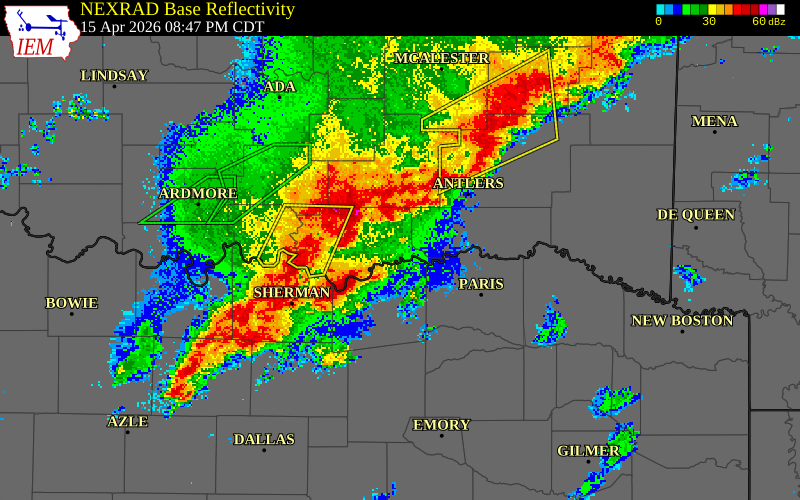 NEXRAD radar during the Wednesday, April 15, 2026 storm activity in Atoka County, Oklahoma
