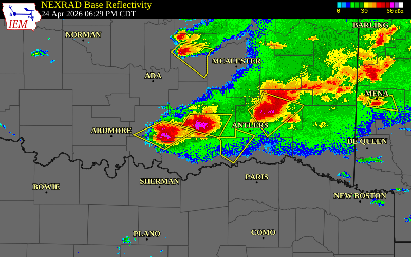 NEXRAD radar during the Friday, April 24, 2026 storm activity in Atoka County, Oklahoma