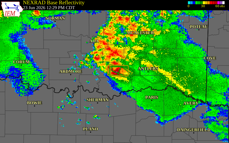 NEXRAD radar during the Tuesday, June 23, 2026 storm activity in Atoka County, Oklahoma