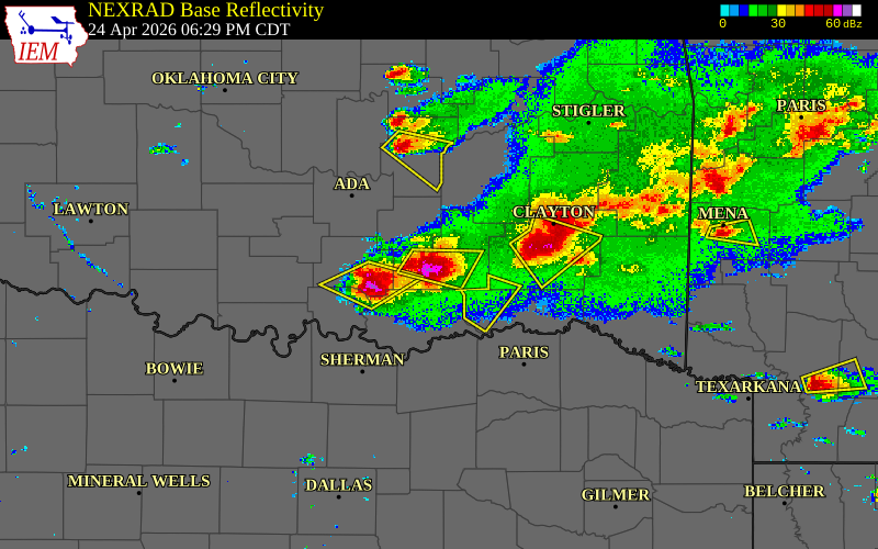 Radar snapshot during the Apr 24, 2026 hail event near 4 NNW Bentley, Atoka County, Oklahoma, with NWS warning polygons