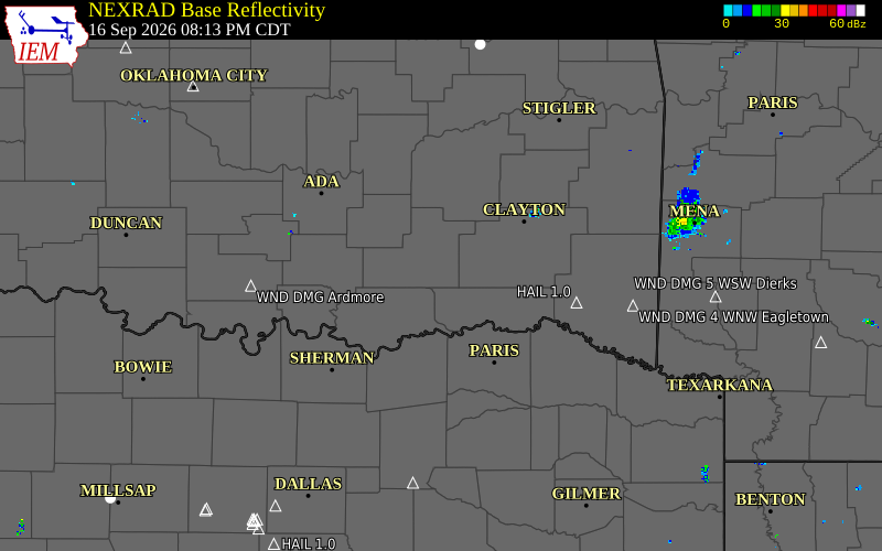 Current NEXRAD radar over Atoka County, Oklahoma with recent storm report locations