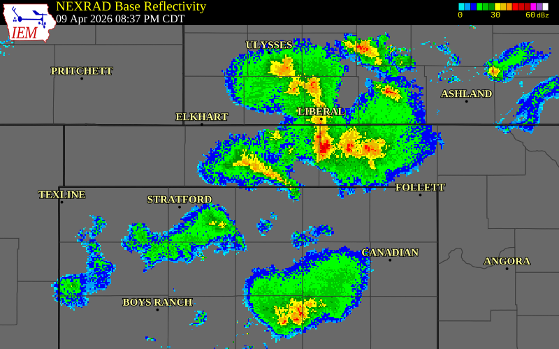 NEXRAD radar during the Thursday, April 9, 2026 storm activity in Beaver County, Oklahoma