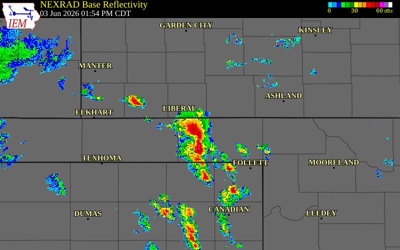 NEXRAD radar during the Wednesday, June 3, 2026 storm activity in Beaver County, Oklahoma