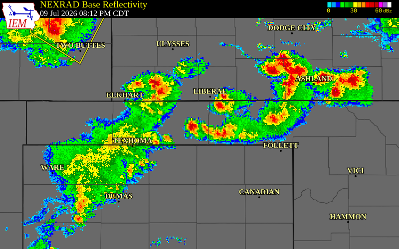 NEXRAD radar during the Thursday, July 9, 2026 storm activity in Beaver County, Oklahoma