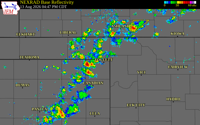NEXRAD radar during the Thursday, August 13, 2026 storm activity in Beaver County, Oklahoma