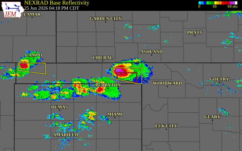 Radar snapshot during the Jun 25, 2026 tornado event near 5 N Elmwood, Beaver County, Oklahoma, with NWS warning polygons