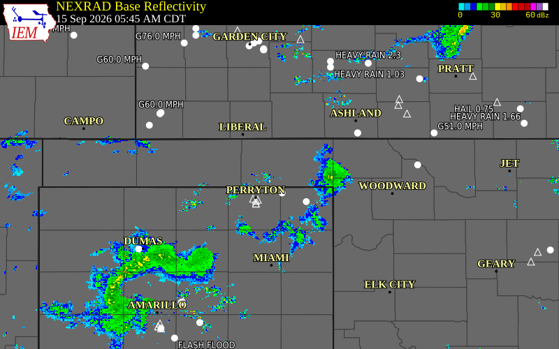 Current NEXRAD radar over Beaver County, Oklahoma with recent storm report locations