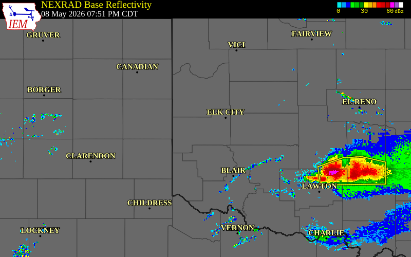 NEXRAD radar during the Friday, May 8, 2026 storm activity in Beckham County, Oklahoma