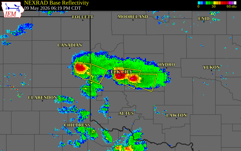 NEXRAD radar during the Saturday, May 9, 2026 storm activity in Beckham County, Oklahoma