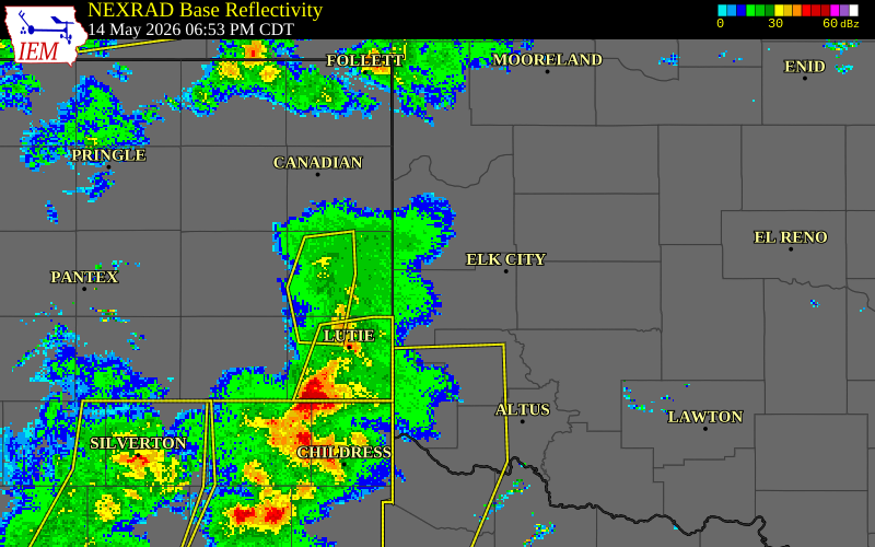 NEXRAD radar during the Thursday, May 14, 2026 storm activity in Beckham County, Oklahoma