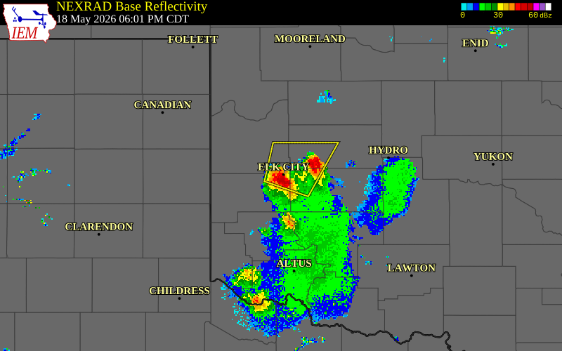 NEXRAD radar during the Monday, May 18, 2026 storm activity in Beckham County, Oklahoma