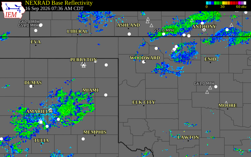 Current NEXRAD radar over Beckham County, Oklahoma with recent storm report locations