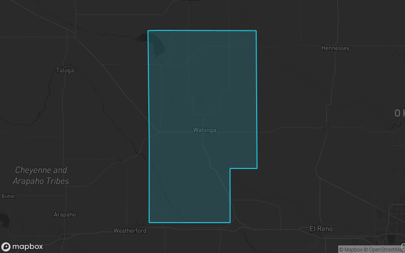 Map of Blaine County, Oklahoma showing the county boundary and surrounding cities