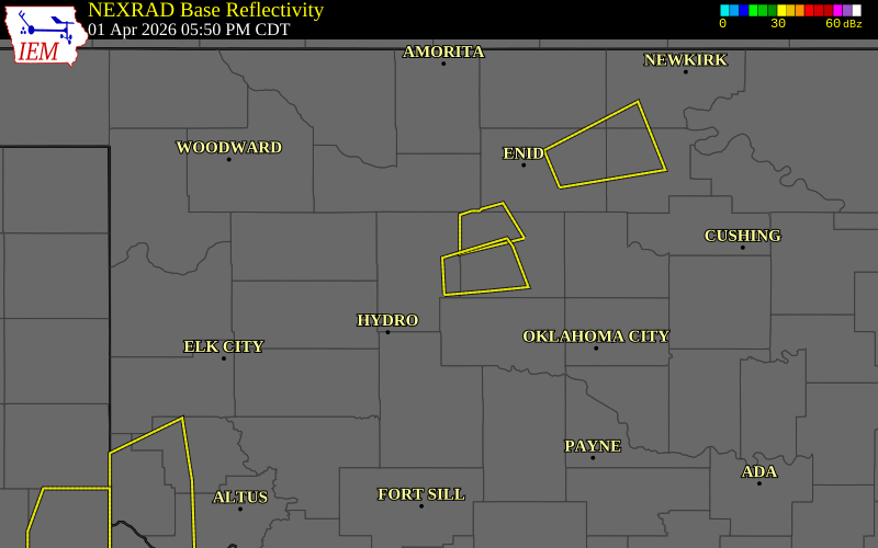 NEXRAD radar during the Wednesday, April 1, 2026 storm activity in Blaine County, Oklahoma