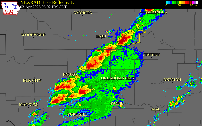 NEXRAD radar during the Friday, April 3, 2026 storm activity in Blaine County, Oklahoma