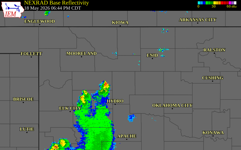 NEXRAD radar during the Monday, May 18, 2026 storm activity in Blaine County, Oklahoma