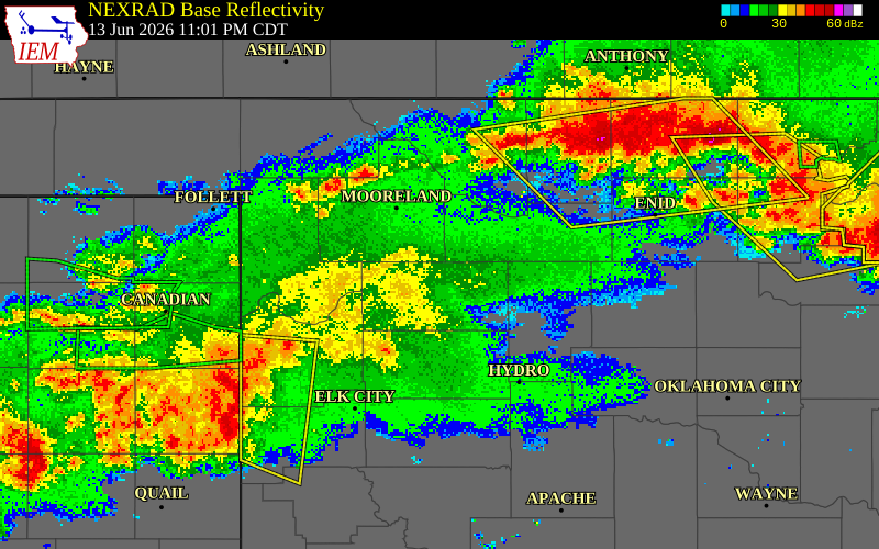 NEXRAD radar during the Saturday, June 13, 2026 storm activity in Blaine County, Oklahoma