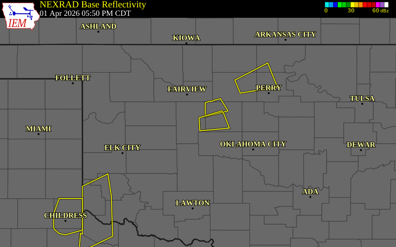 Radar snapshot during the Apr 1, 2026 hail event near 5 E Watonga, Blaine County, Oklahoma, with NWS warning polygons