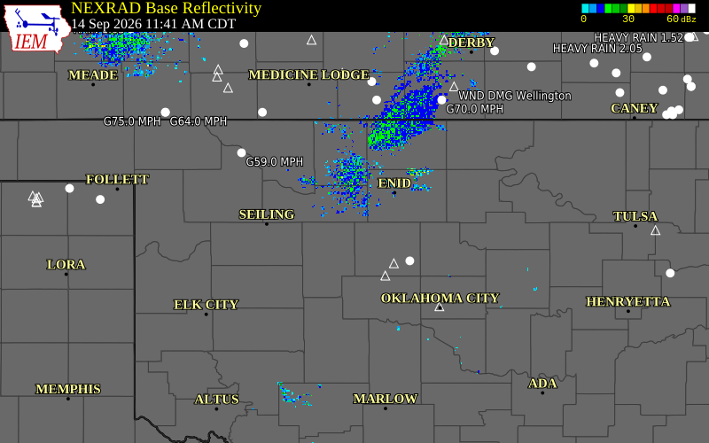 Current NEXRAD radar over Blaine County, Oklahoma with recent storm report locations