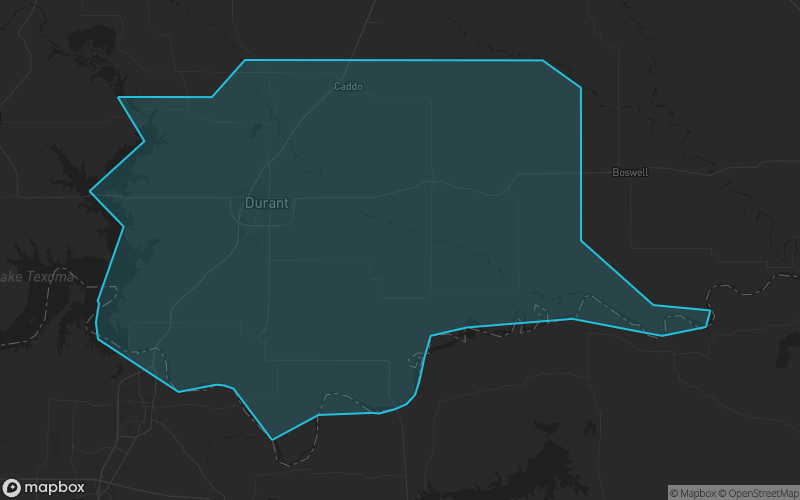 Map of Bryan County, Oklahoma showing the county boundary and surrounding cities