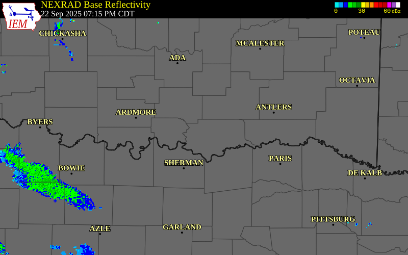 NEXRAD radar during the Monday, September 22, 2025 storm activity in Bryan County, Oklahoma