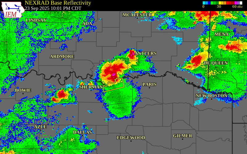 NEXRAD radar during the Tuesday, September 23, 2025 storm activity in Bryan County, Oklahoma
