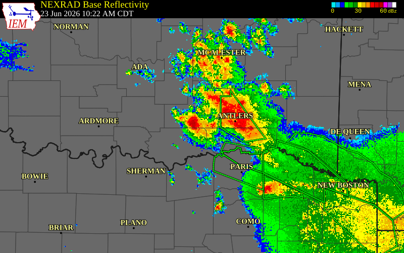 NEXRAD radar during the Tuesday, June 23, 2026 storm activity in Bryan County, Oklahoma