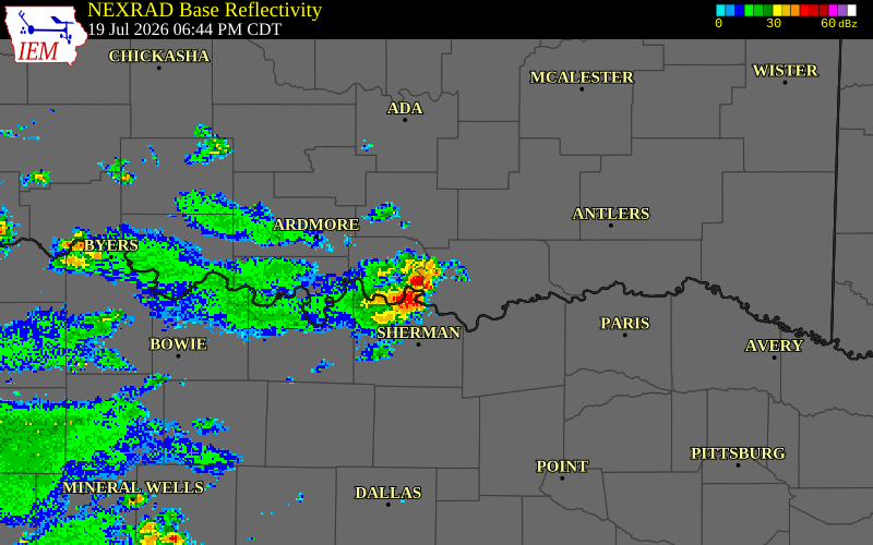 NEXRAD radar during the Sunday, July 19, 2026 storm activity in Bryan County, Oklahoma