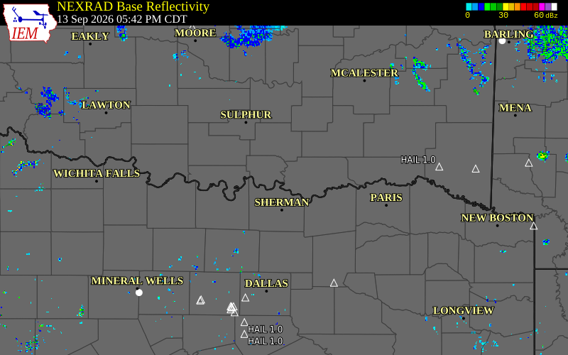 Current NEXRAD radar over Bryan County, Oklahoma with recent storm report locations