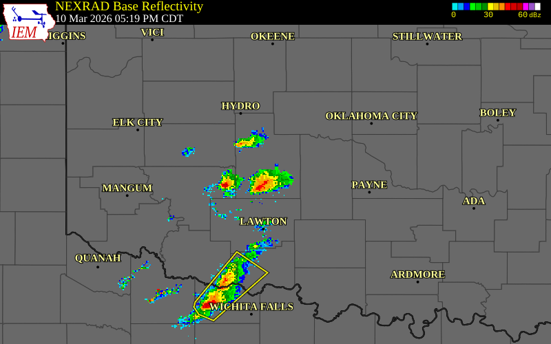 NEXRAD radar during the Tuesday, March 10, 2026 storm activity in Caddo County, Oklahoma