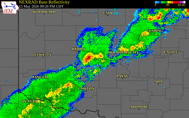 NEXRAD radar during the Friday, May 15, 2026 storm activity in Caddo County, Oklahoma