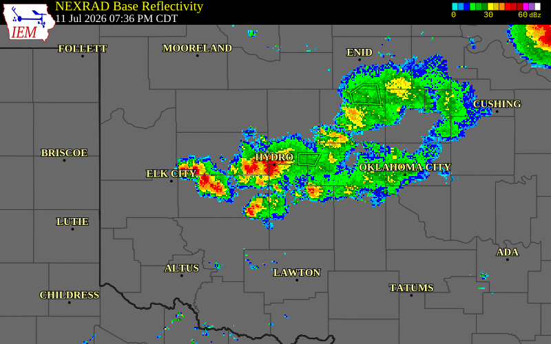 NEXRAD radar during the Saturday, July 11, 2026 storm activity in Caddo County, Oklahoma