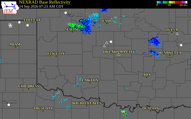 Current NEXRAD radar over Caddo County, Oklahoma with recent storm report locations
