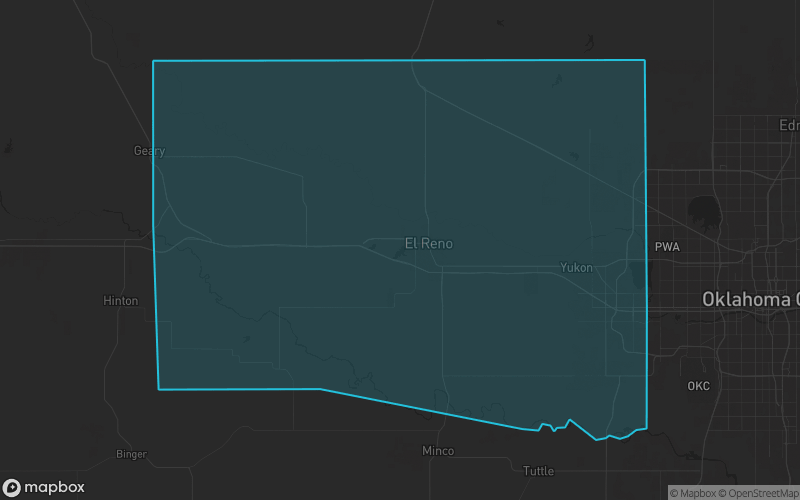 Map of Canadian County, Oklahoma showing the county boundary and surrounding cities