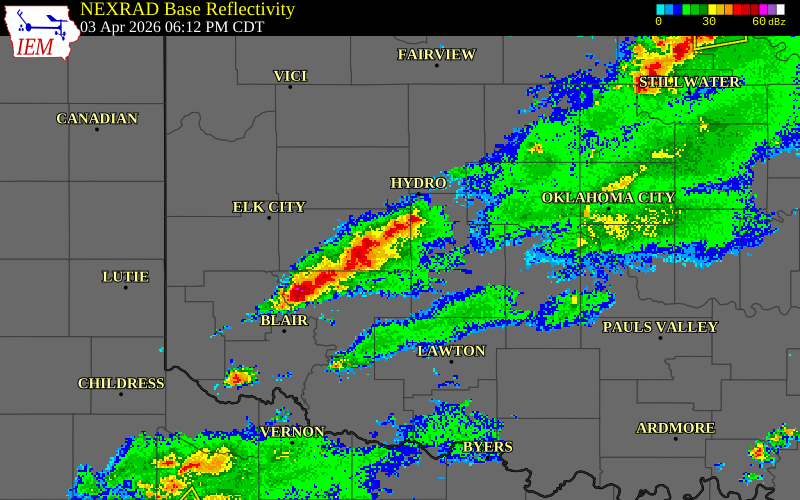 NEXRAD radar during the Friday, April 3, 2026 storm activity in Canadian County, Oklahoma