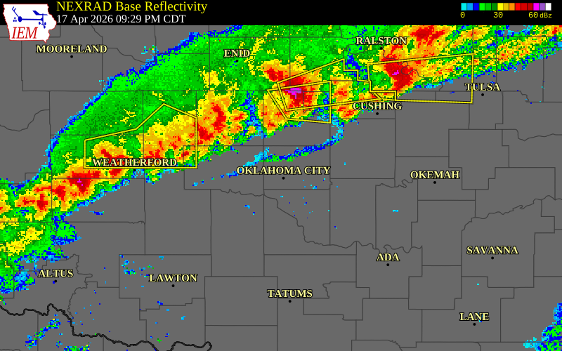 NEXRAD radar during the Friday, April 17, 2026 storm activity in Canadian County, Oklahoma