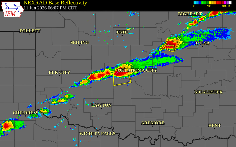 Radar snapshot during the Jun 11, 2026 hail event near 4 SSW El Reno, Canadian County, Oklahoma, with NWS warning polygons