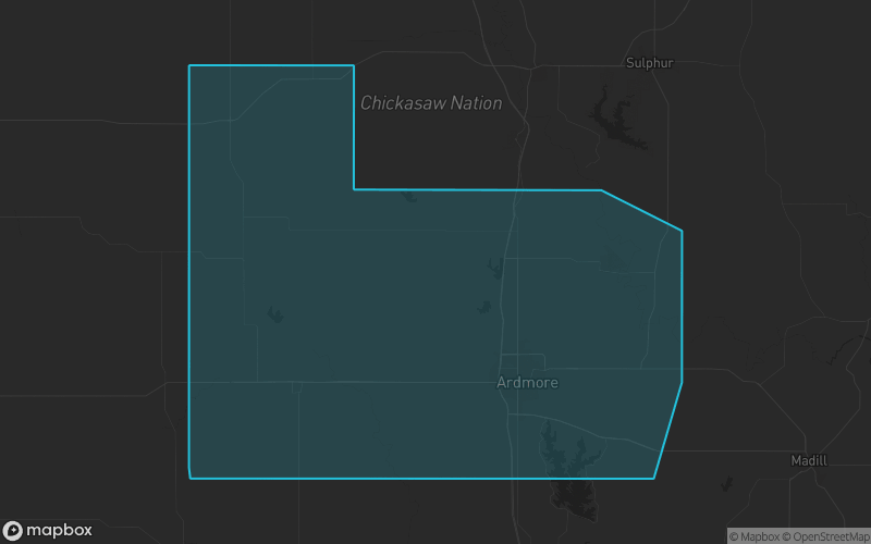 Map of Carter County, Oklahoma showing the county boundary and surrounding cities