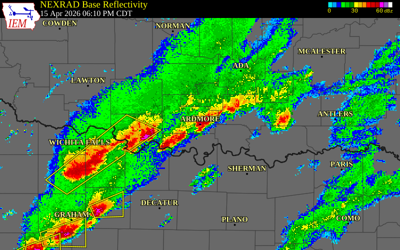 NEXRAD radar during the Wednesday, April 15, 2026 storm activity in Carter County, Oklahoma