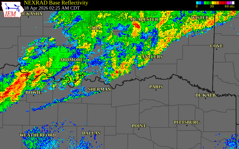 NEXRAD radar during the Saturday, April 18, 2026 storm activity in Carter County, Oklahoma
