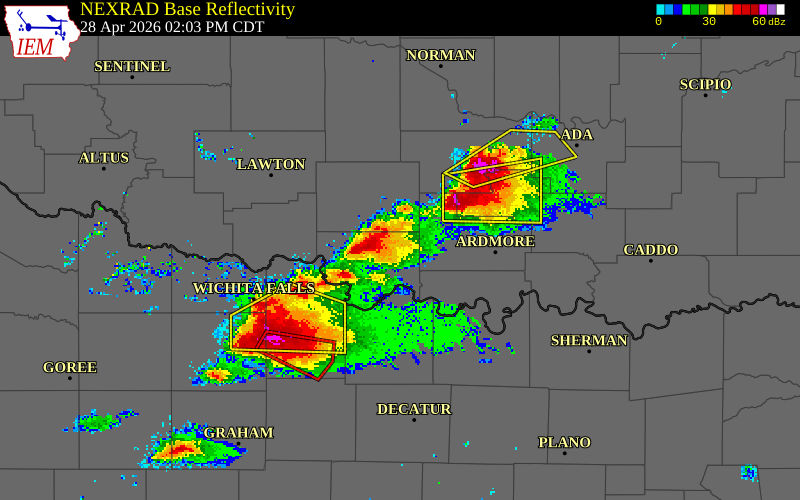 NEXRAD radar during the Tuesday, April 28, 2026 storm activity in Carter County, Oklahoma