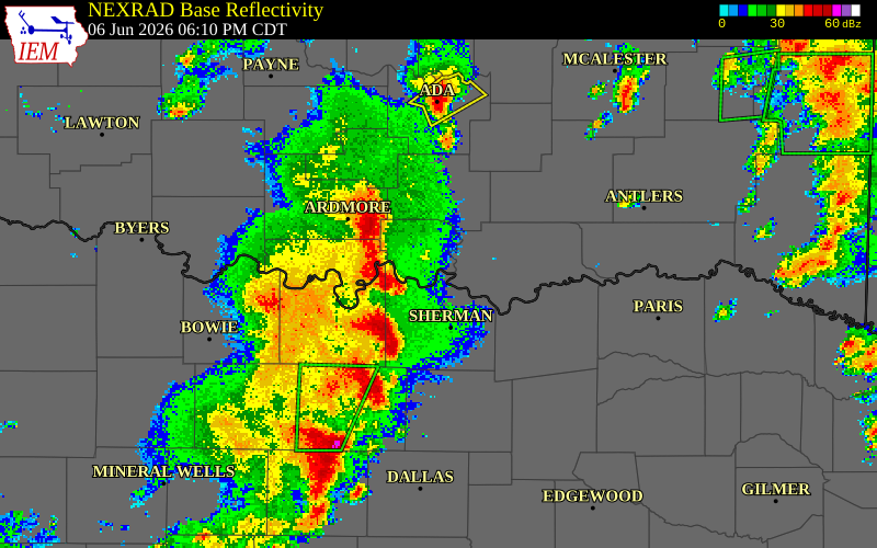 NEXRAD radar during the Saturday, June 6, 2026 storm activity in Carter County, Oklahoma