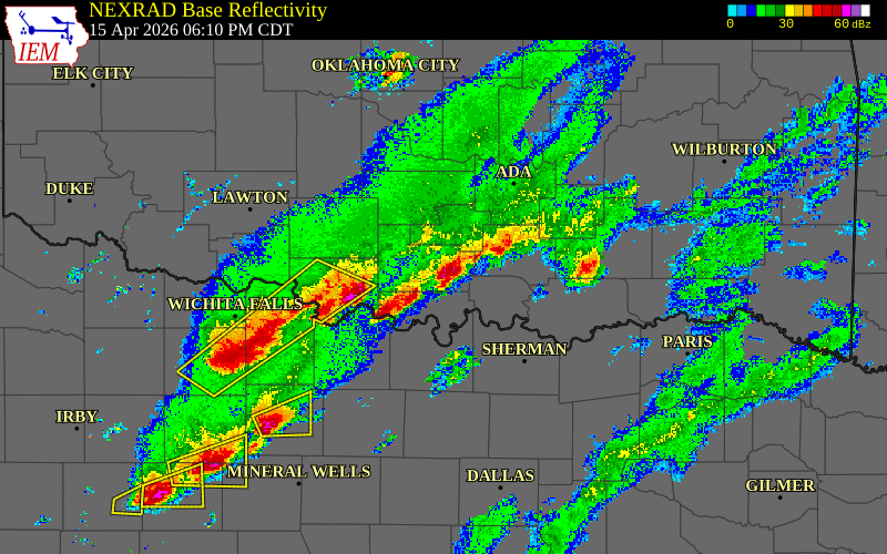 Radar snapshot during the Apr 15, 2026 hail event near Ardmore, Carter County, Oklahoma, with NWS warning polygons